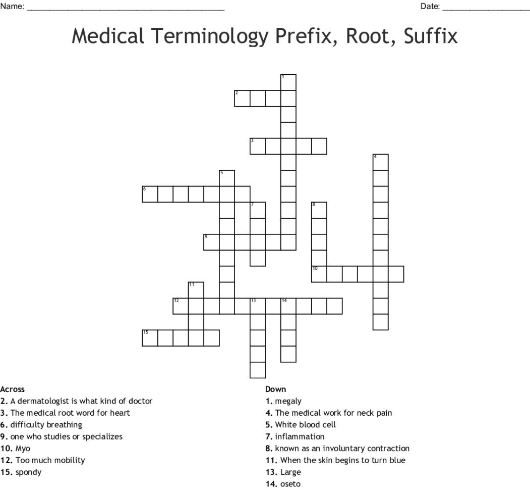 Medical Terminology Prefix Root Suffix Crossword  Word