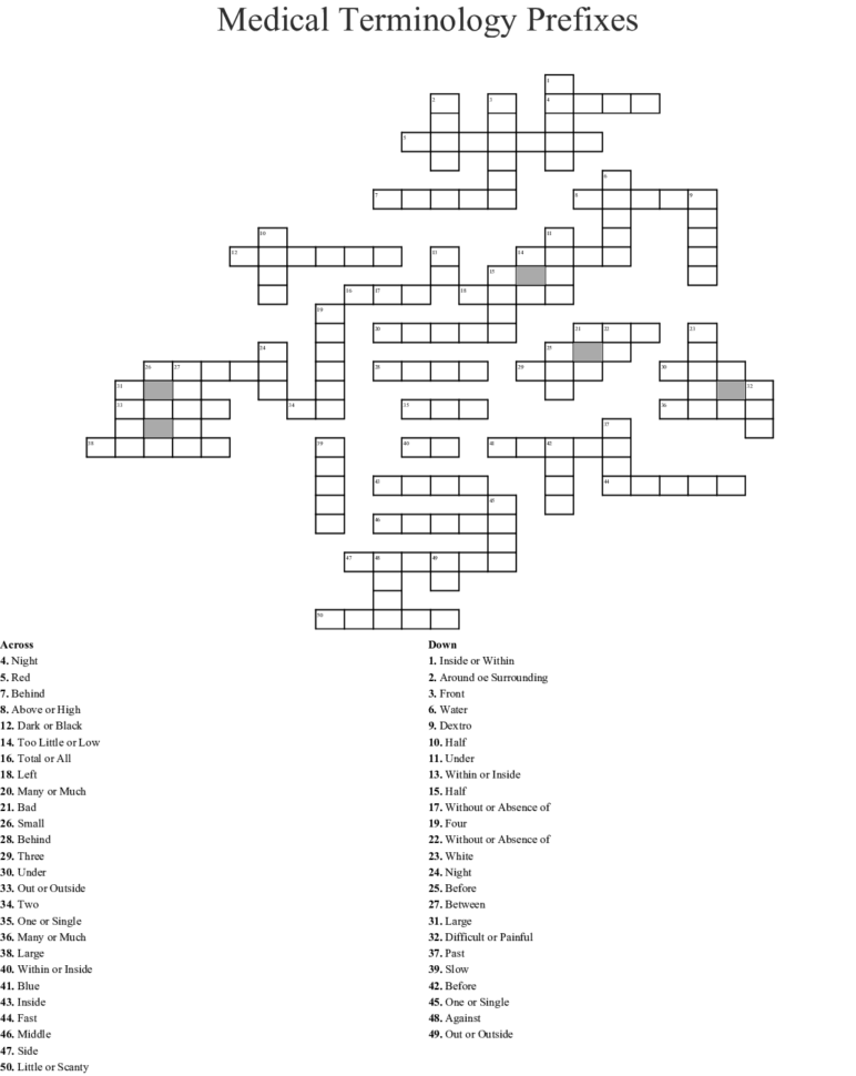 Medical Terminology Prefixes Crossword  Word