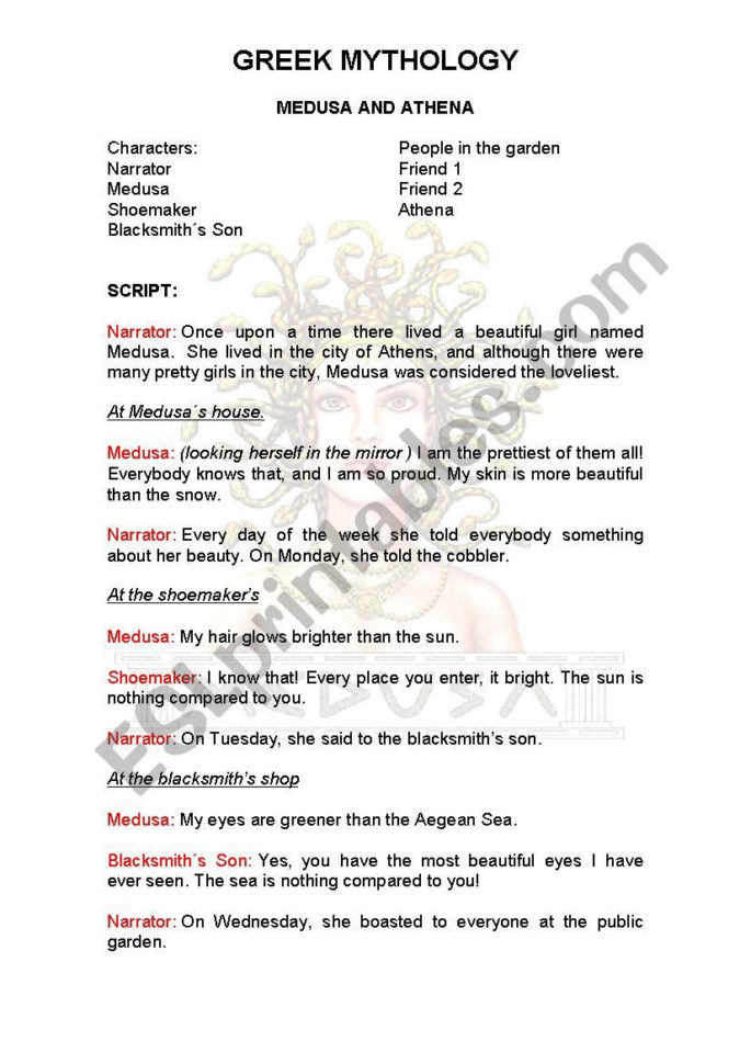Medusa And Athena Script Greek Mythology  Esl Worksheet