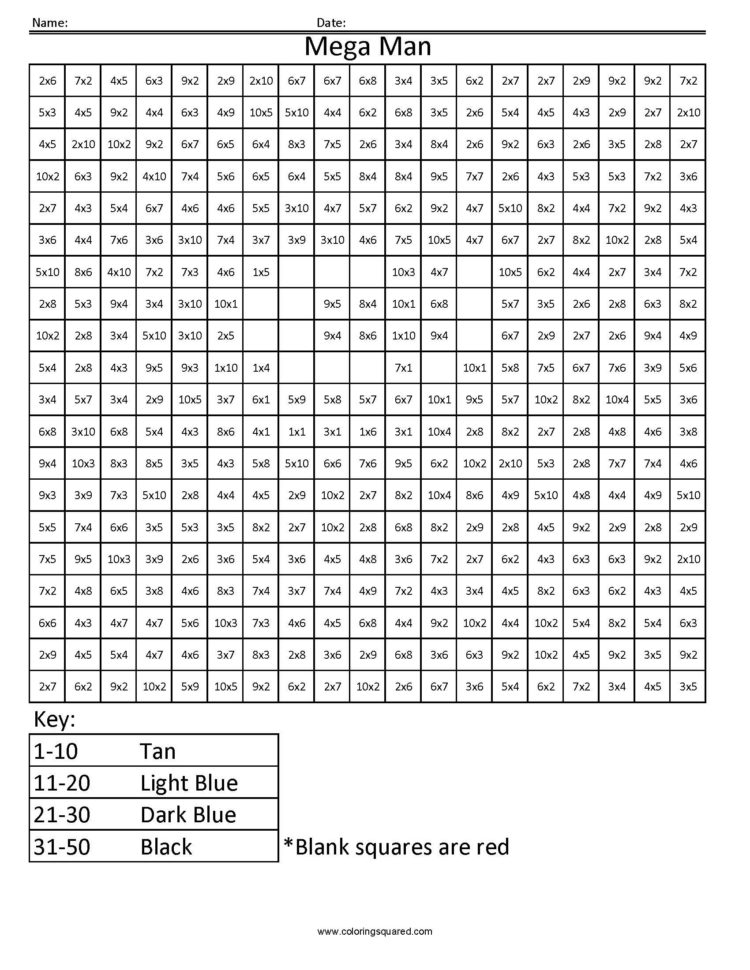 Mega Man Basic Multiplication  Coloring Squared