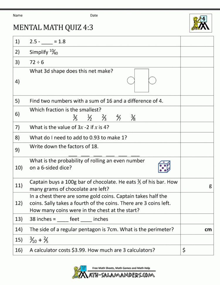 Mental Math 4Th Grade