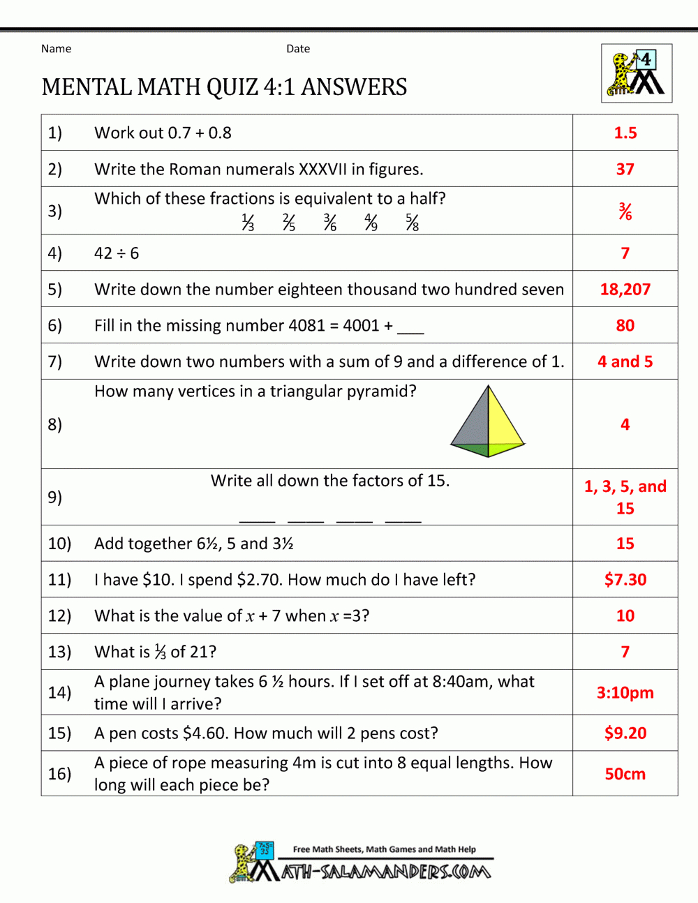 Mental Math 4Th Grade