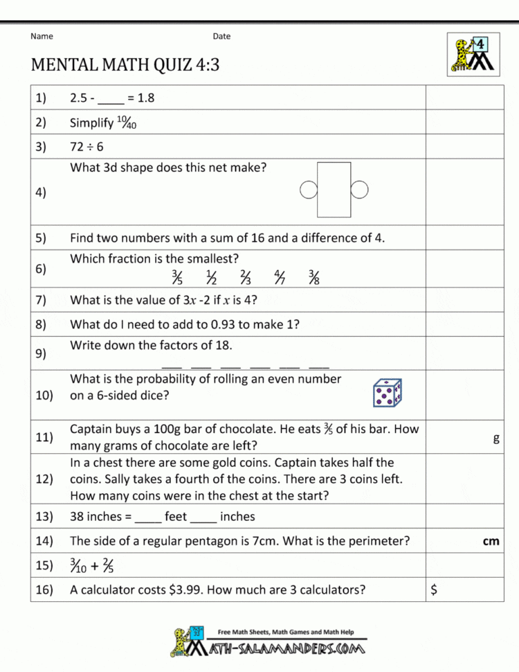 Mental Math 4Th Grade