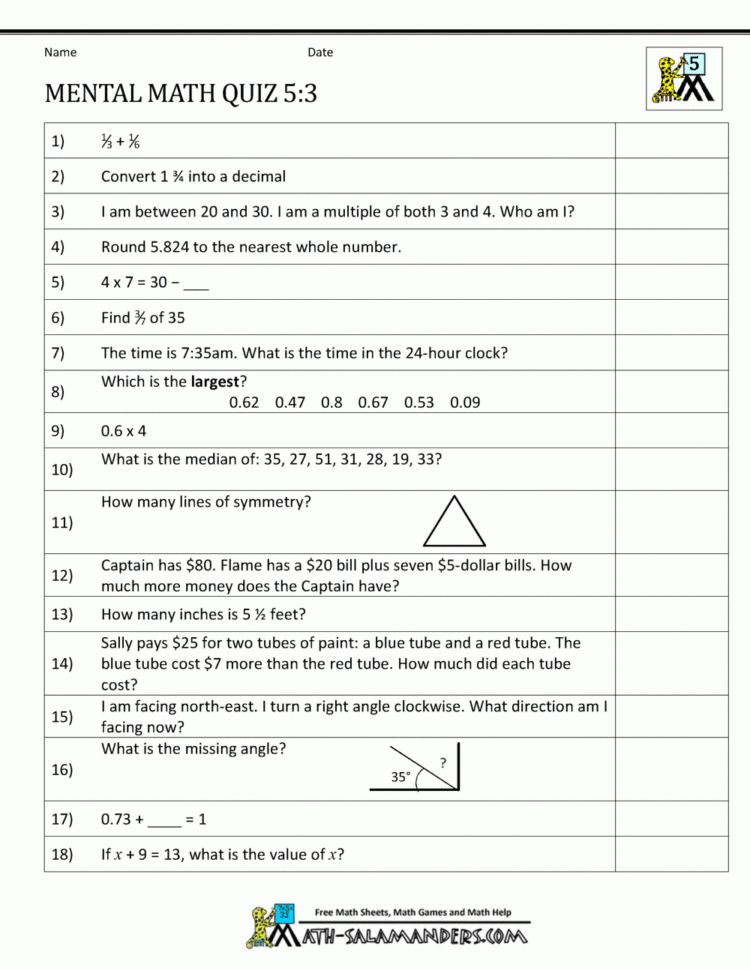 Mental Math 5Th Grade