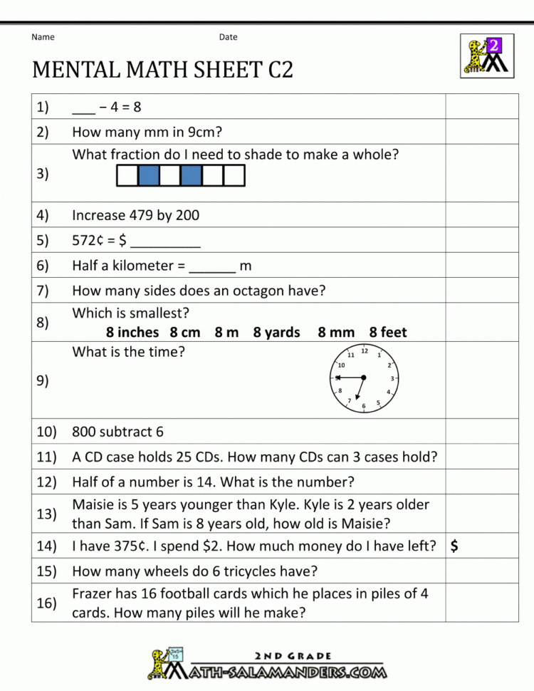 Mental Math Worksheet 2Nd Grade