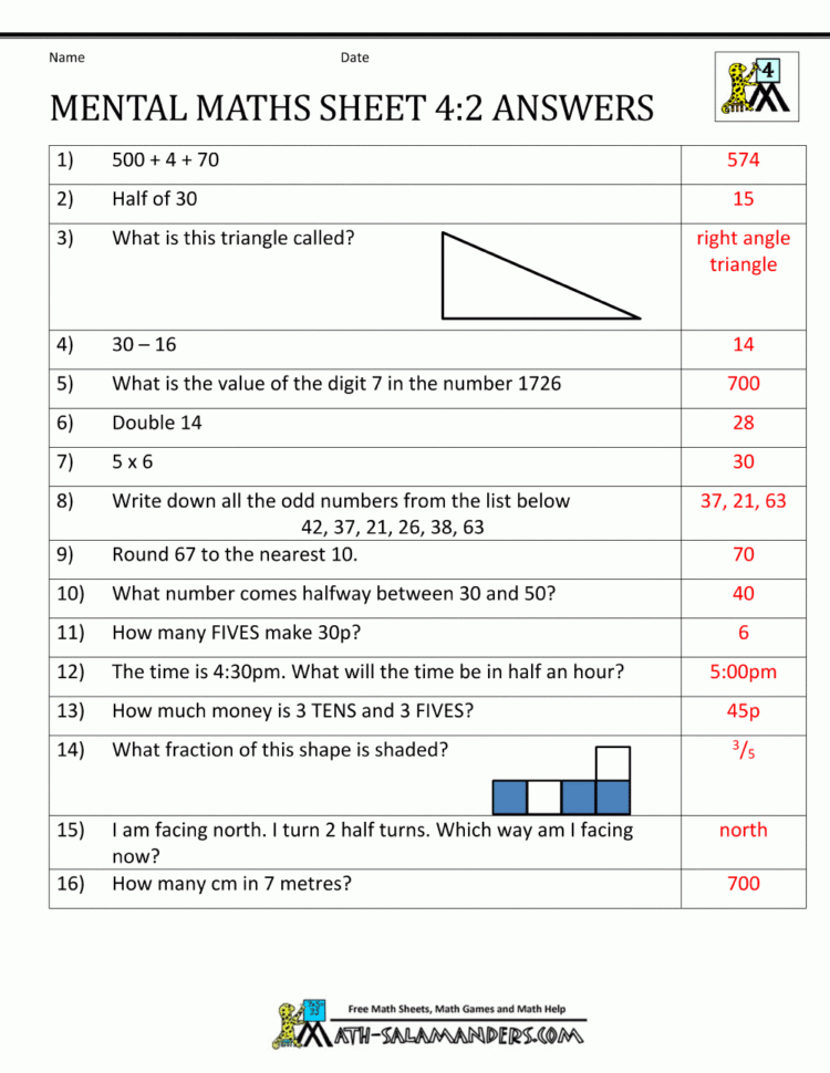 Mental Maths Test Year 4 Worksheets