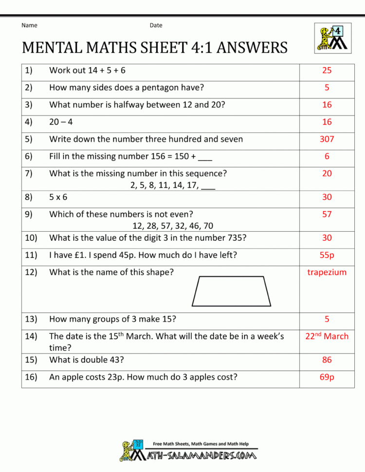 Mental Maths Test Year 4 Worksheets