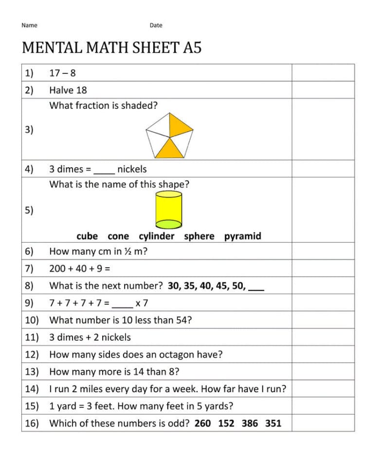 Mental Maths Worksheets 2Nd  Coloring Sheets