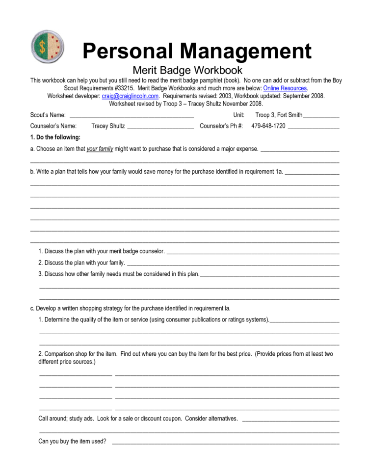 Merit Badge Worksheets 6 Best Images Of Personal Management