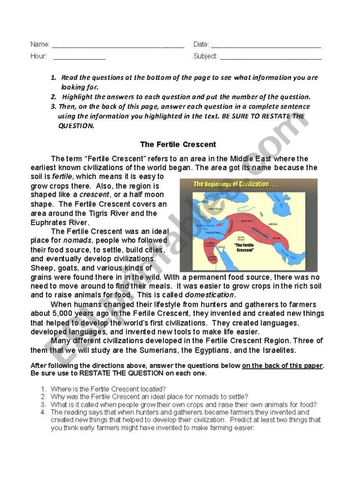 Mesopotamia Reading Comprehension  Esl Worksheetlauraaysen