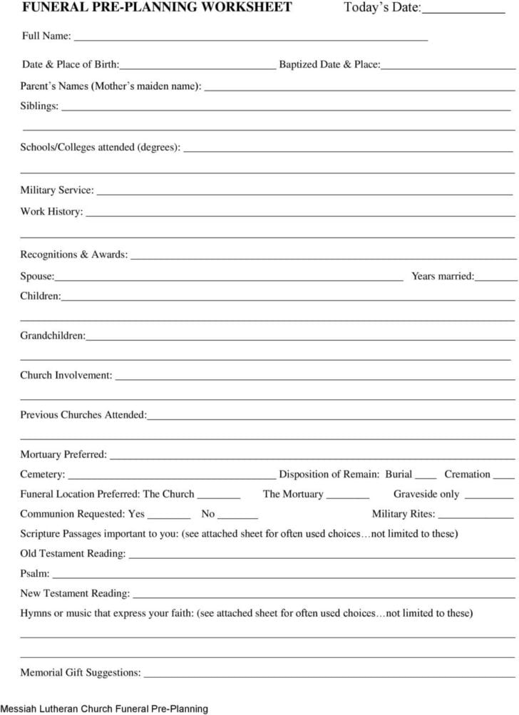 Funeral Pre Planning Worksheet —