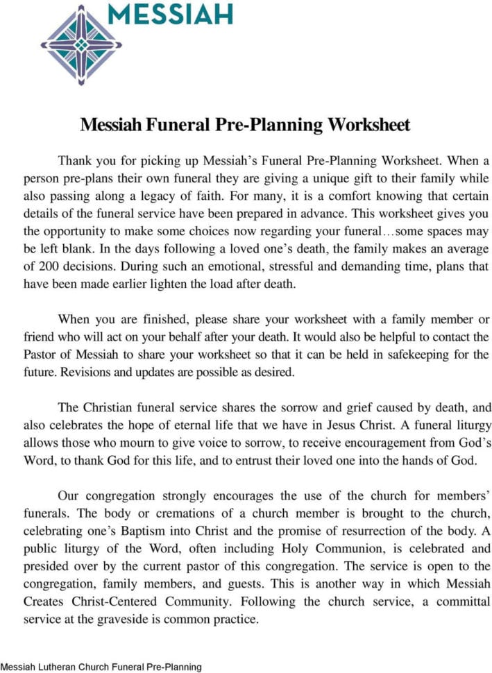 Messiah Funeral Preplanning Worksheet  Pdf