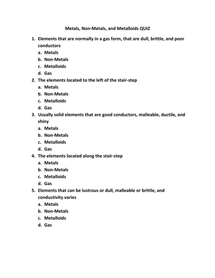 Metals Nonmetals And Metalloids Quiz Elements That Are