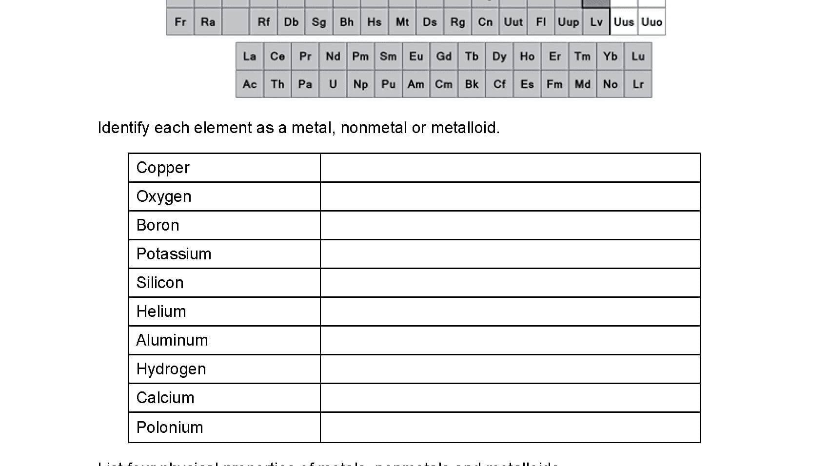 Metals Nonmetals And Metalloids Worksheet