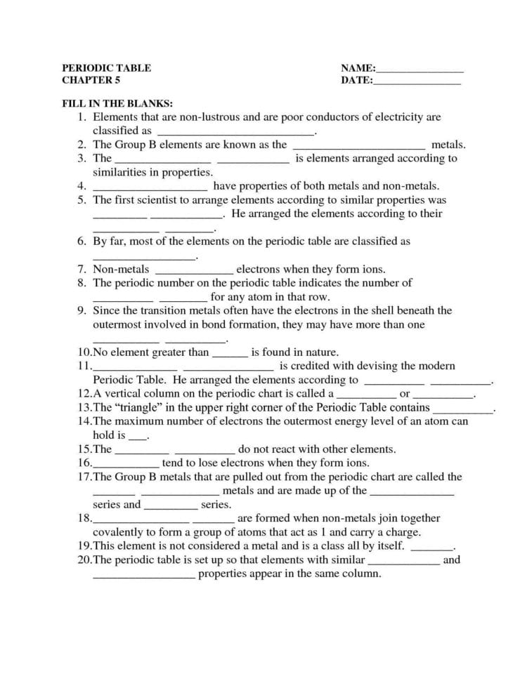 Metals Nonmetals And Metalloids Worksheet