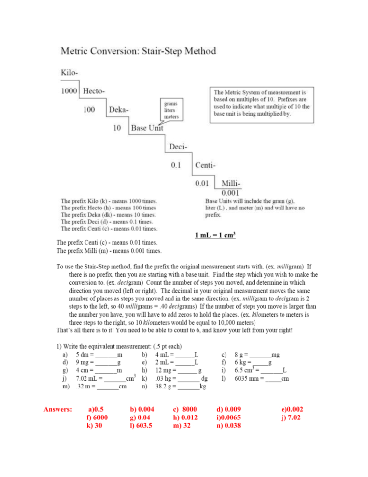 Metric Worksheet Answers