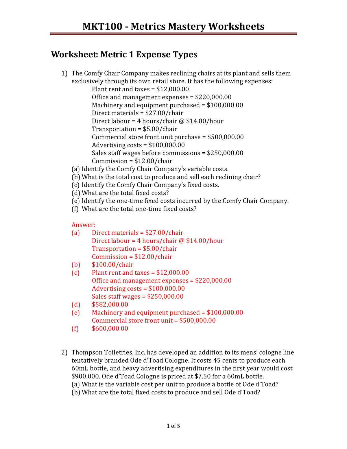 Metrics 1  2 Mastery Worksheets  With Answers  Cmkt 100