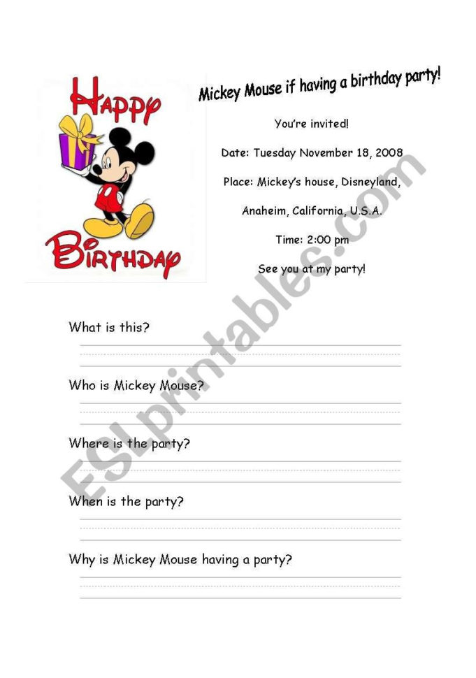 Mickey Mouse Invitation  Esl Worksheetdeenita