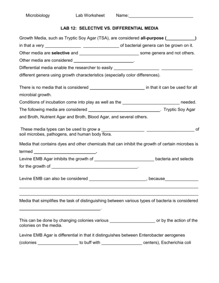 Microbiology Lab Worksheet Name Lab 12 Selective Vs