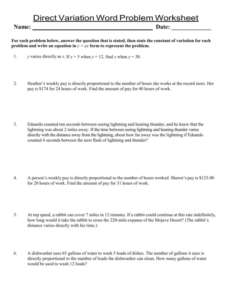 Microsoft Word  Direct Variation Worksheetdoc