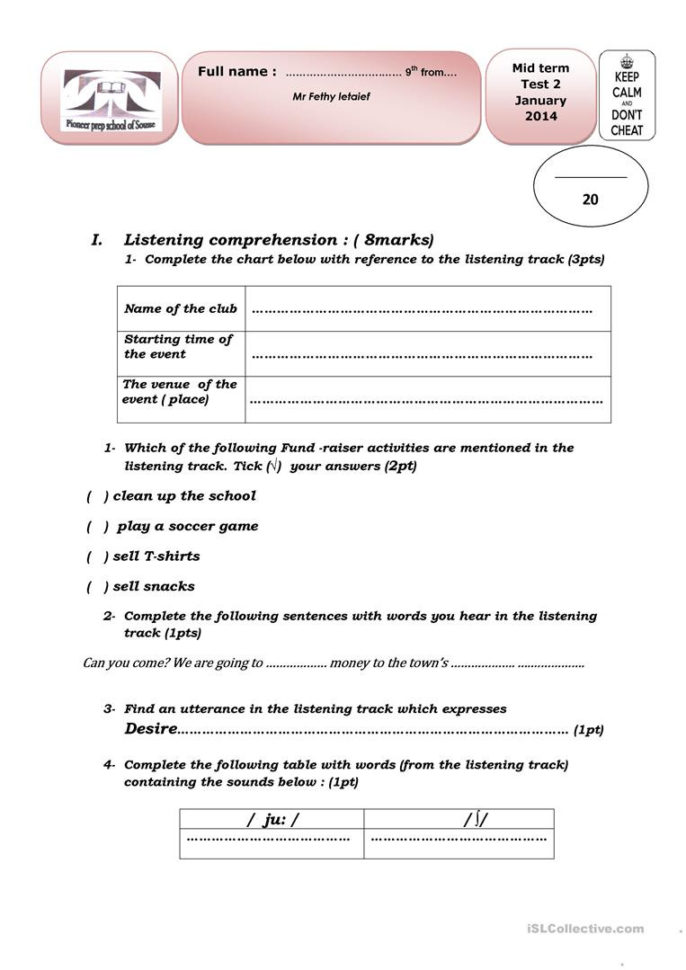 Mid Term Test Nb 2 9Th Grade Level Tunisia  English Esl