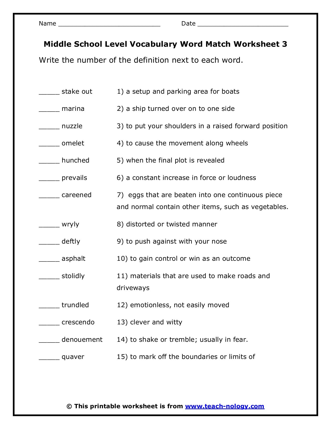 Middle School Level Vocabulary Word Match Worksheet 3