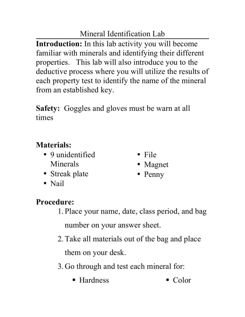 Mineral Identification Lab Introduction In This Lab