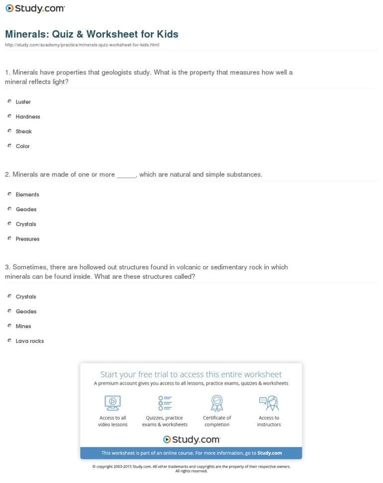 Minerals Quiz  Worksheet For Kids  Study