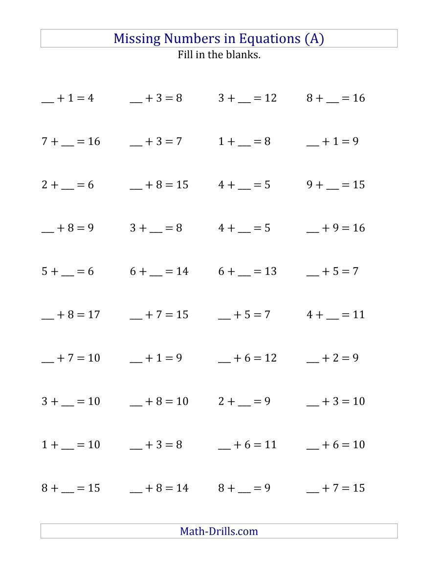 Missing Numbers In Equations Blanks  Addition Range 1