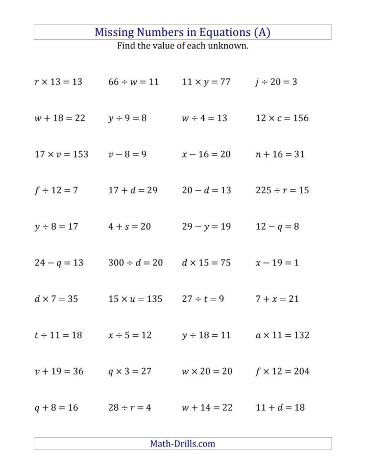 Missing Numbers In Equations Variables  All Operations