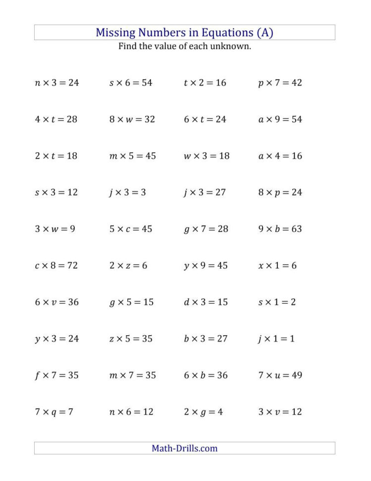 Missing Numbers In Equations Variables  Multiplication