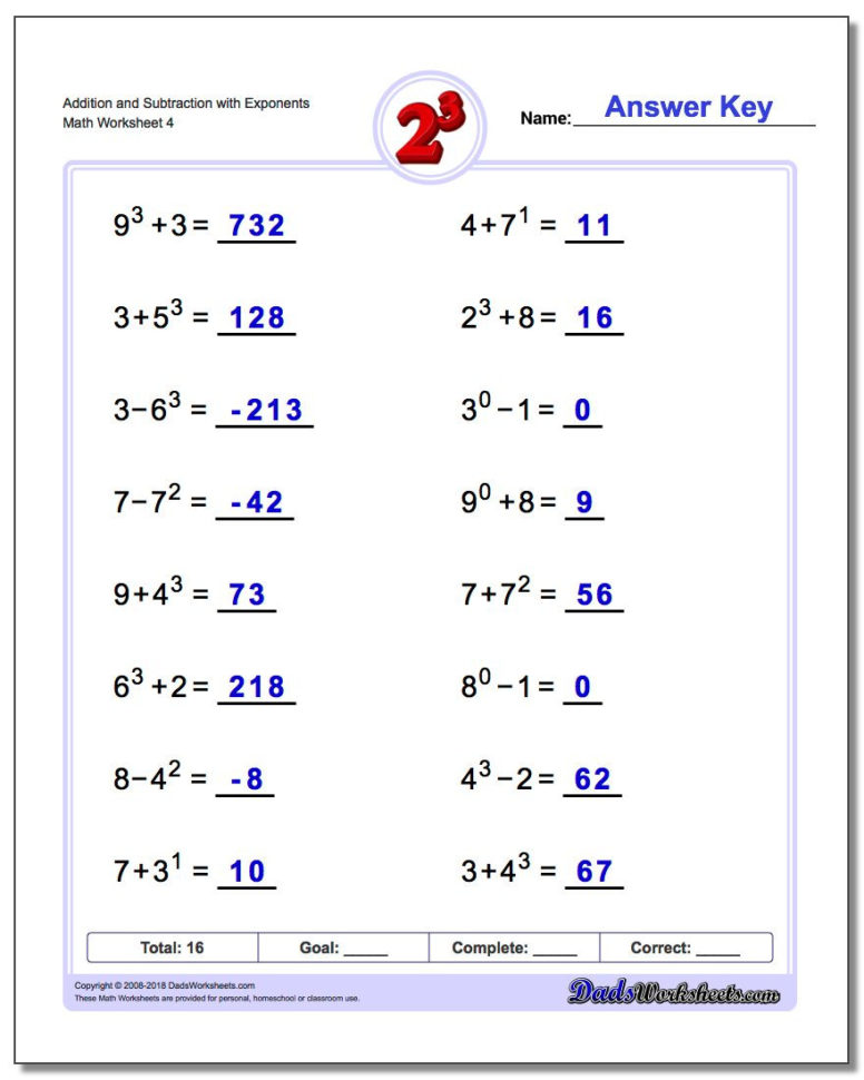 Mixed Addition And Subtraction With Exponents