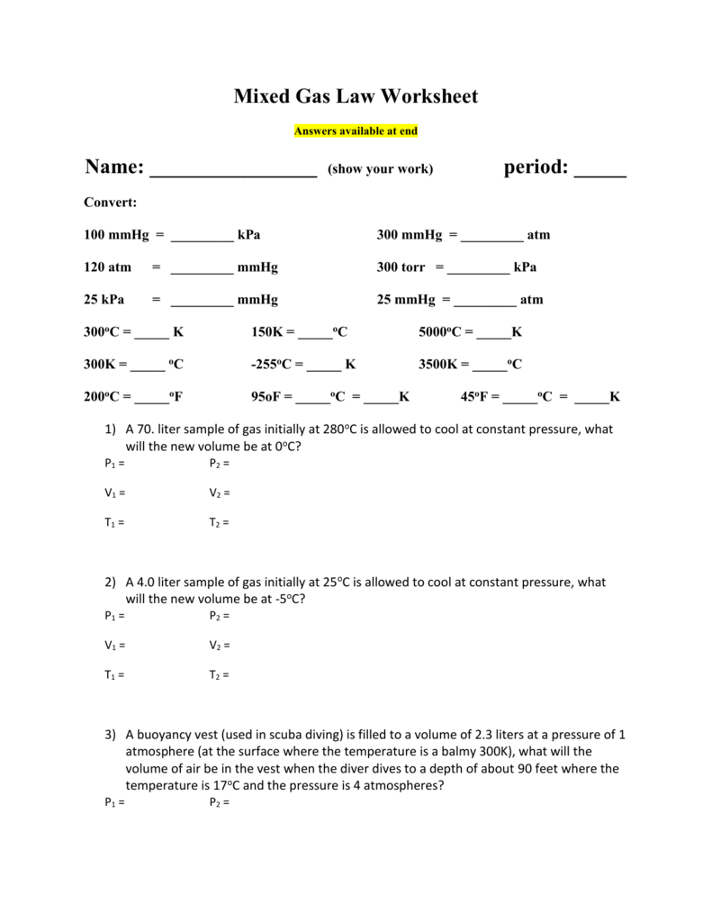 Mixed Gas Law Worksheet Answers Available At End Name Show