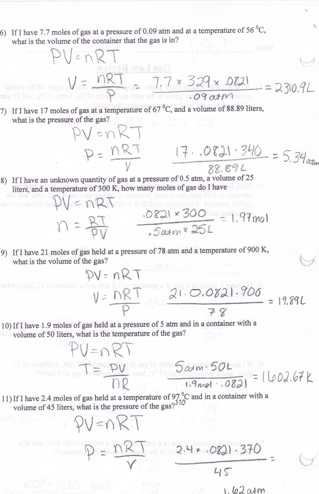 Ideal Gas Law Worksheet