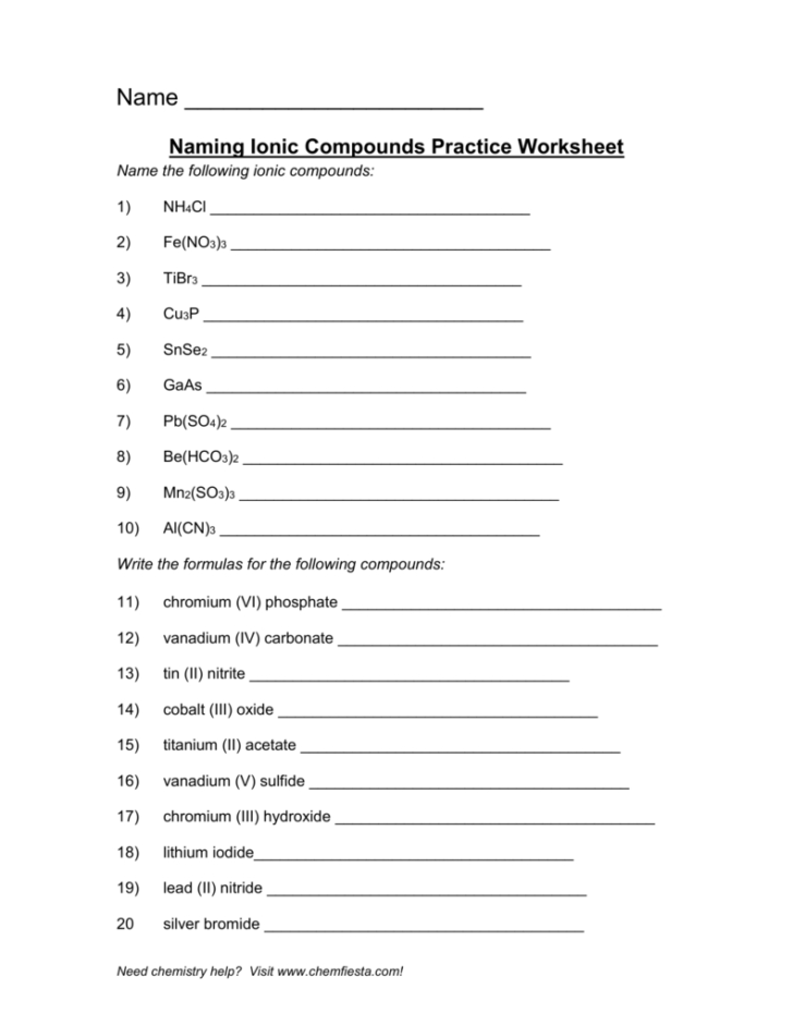 Naming Ionic Compounds Practice Worksheet Answer Key