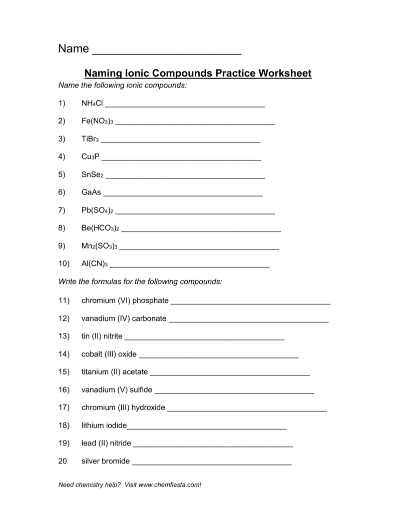 Molecular And Ionic Compounds Practice Worksheet Answers