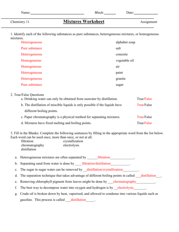 Mixtures Worksheet