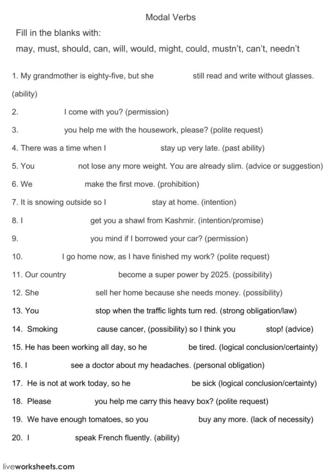 Modal Verbs Online Worksheet And Pdf