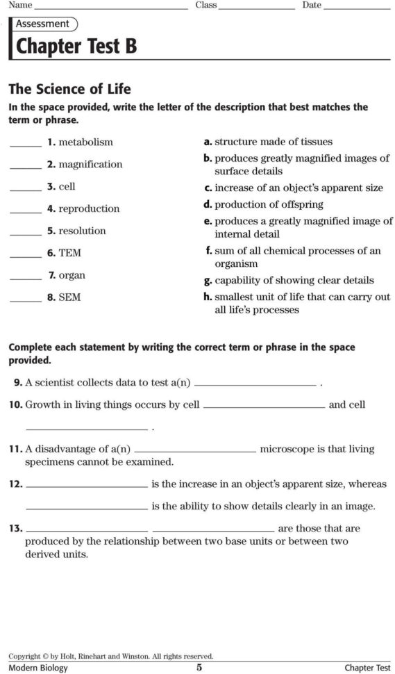 Modern Biology Chapter Tests With Answer Key General And