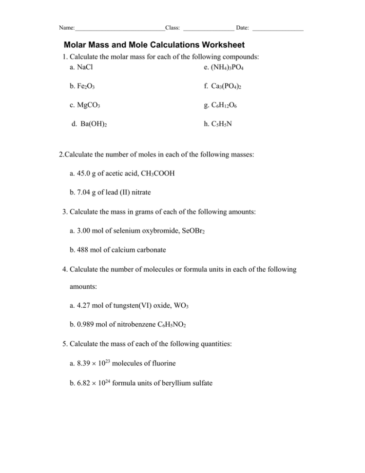 Mole To Mole Conversion Worksheet