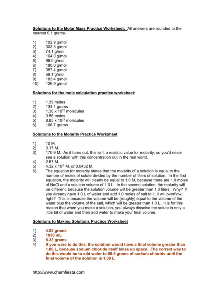 Molar Mass Practice Worksheet