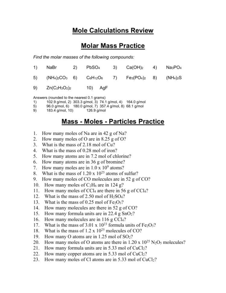 Molar Mass Practice Worksheet