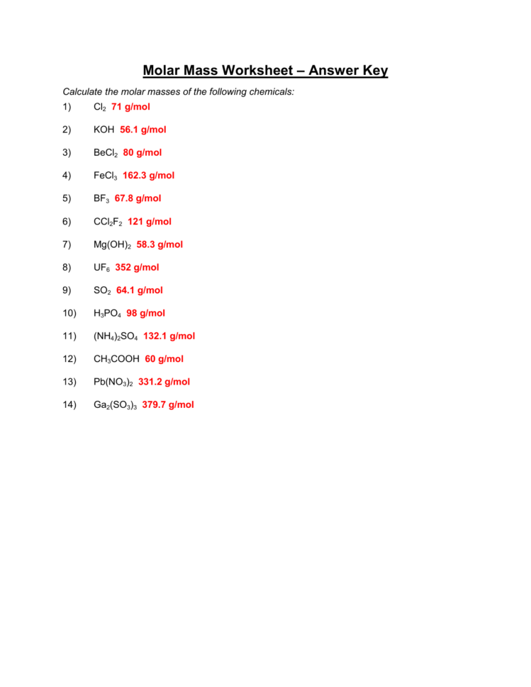 Molar Mass Worksheet – Answer Key