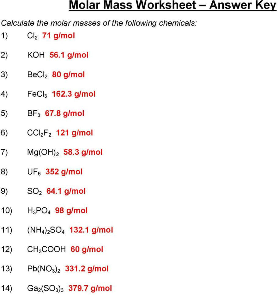 Molar Mass Worksheet Answer Key  Pdf