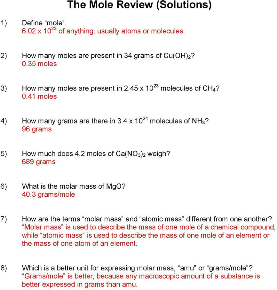 Molar Mass Worksheet Answer Key Pdf Molar Mass Worksheet