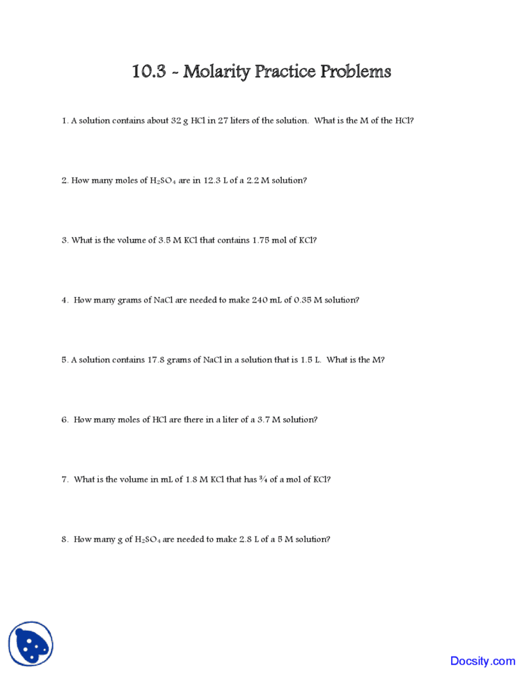 Molarity  General Chemistry  Quiz  Docsity