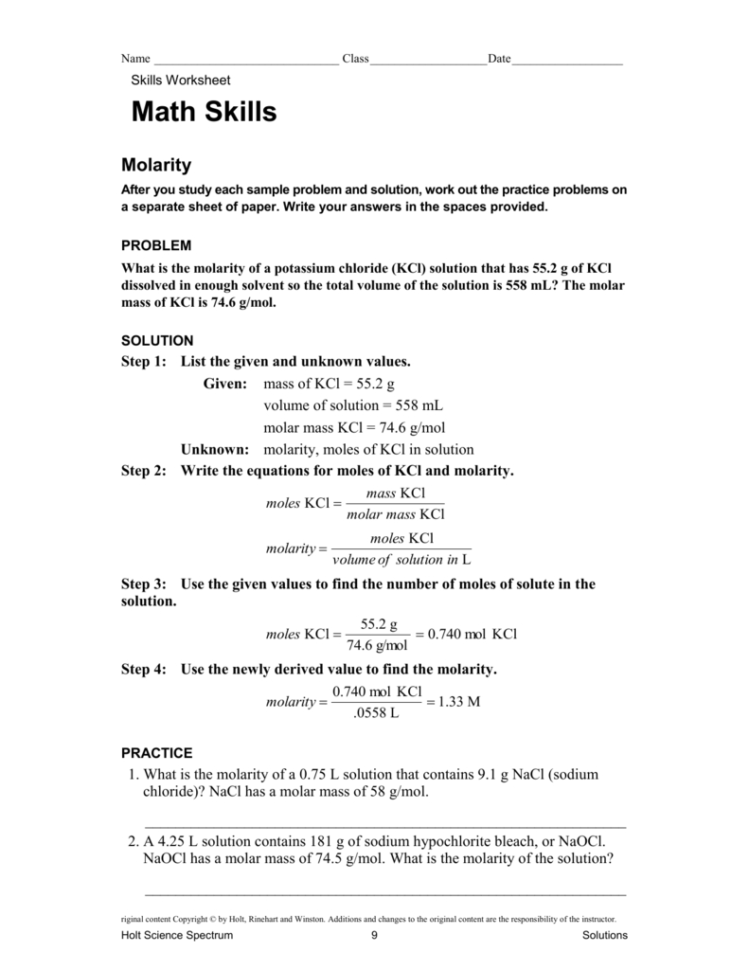 Molarity Practice Hw