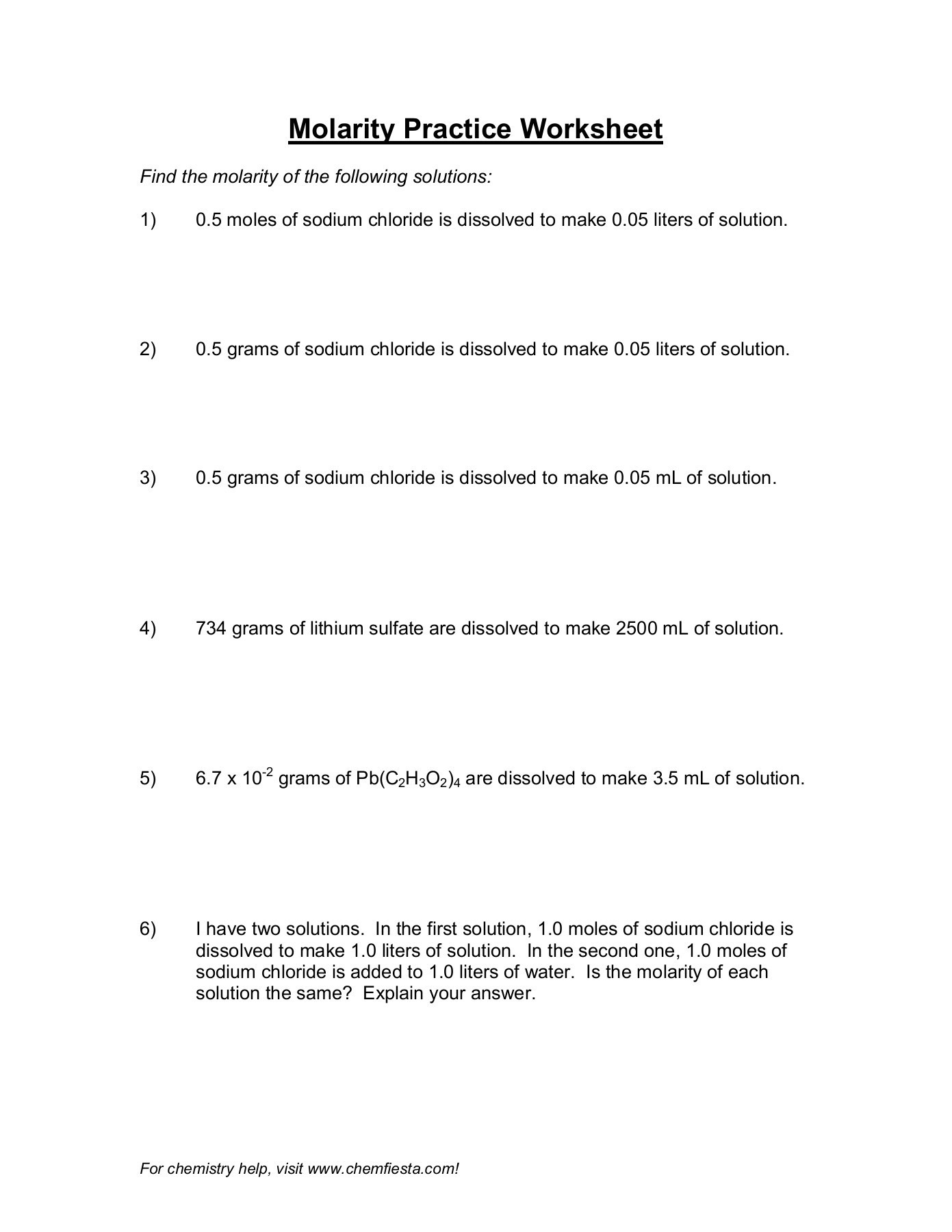 Molarity Practice Worksheet  Harrison High School Pages 1