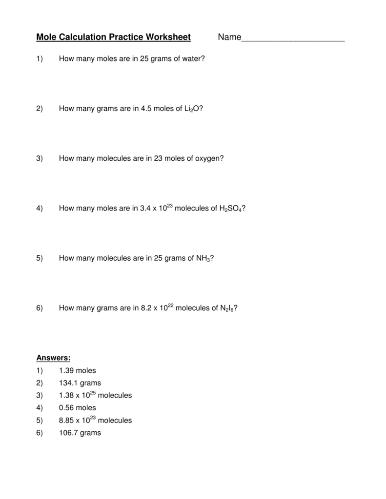 Mole Calculation Practice Worksheet Name