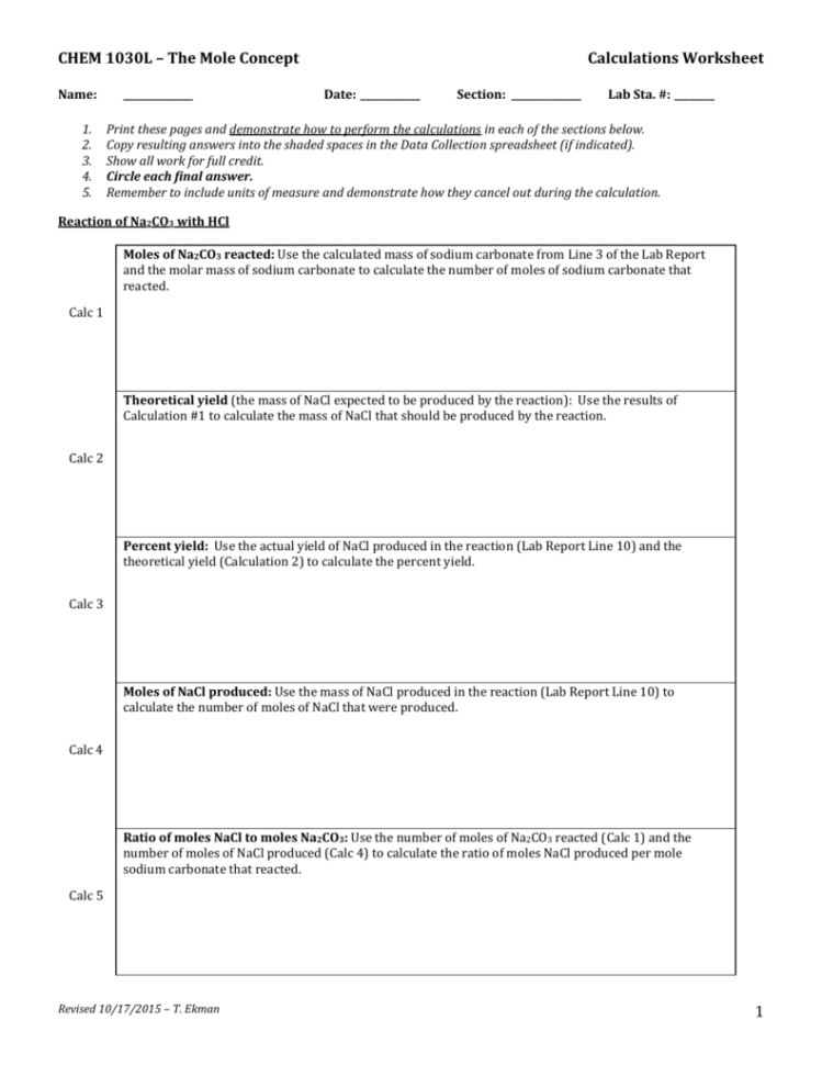 Mole Calculation Sheet